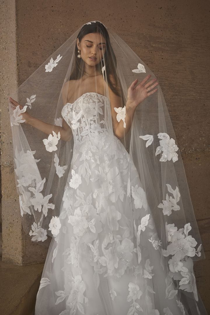 Bride in a strapless white lace wedding gown with a floral veil, posing indoors, brown background.
