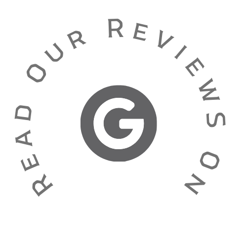 A gray g in a circle with the words read our reviews on it.