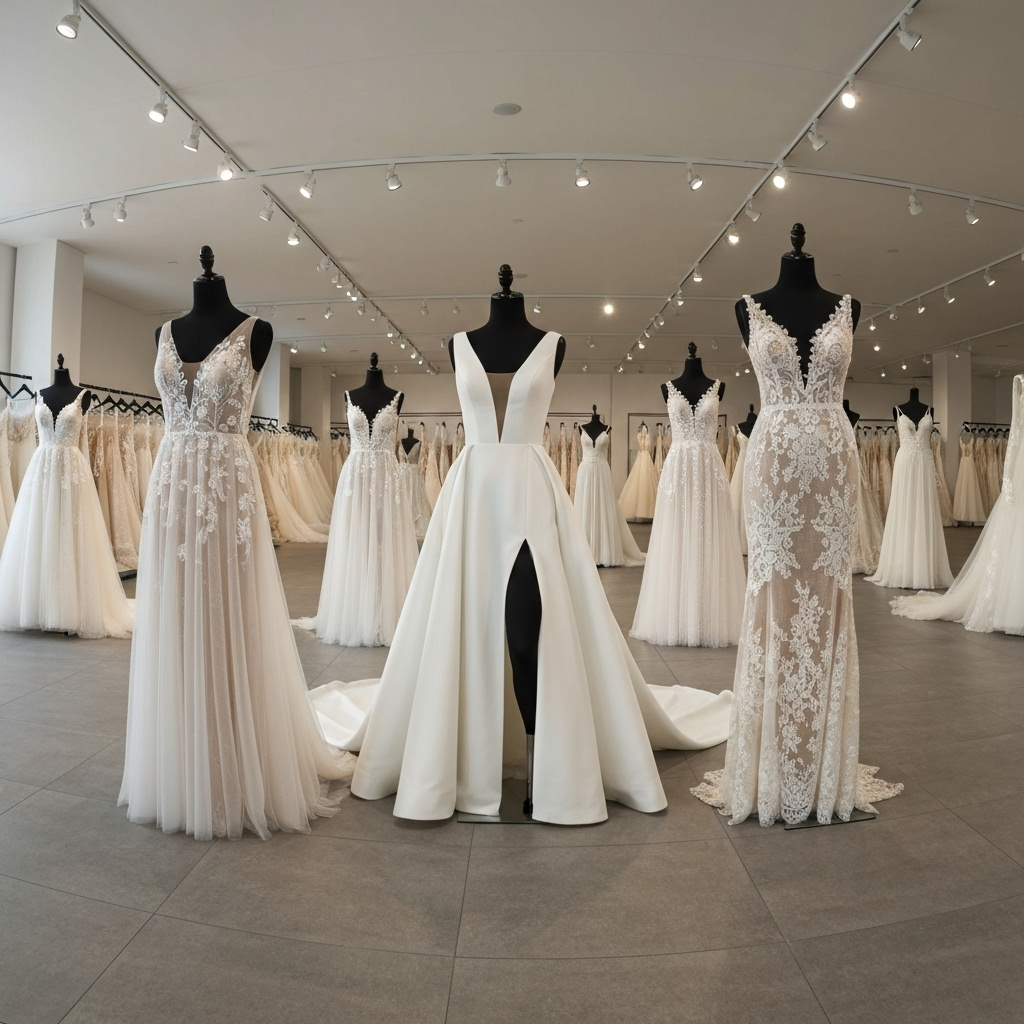 Wedding dresses on mannequins in a bridal shop, mostly white, with various styles and lengths. Wedding dresses on mannequins in a bridal shop, mostly white, with various styles and lengths.