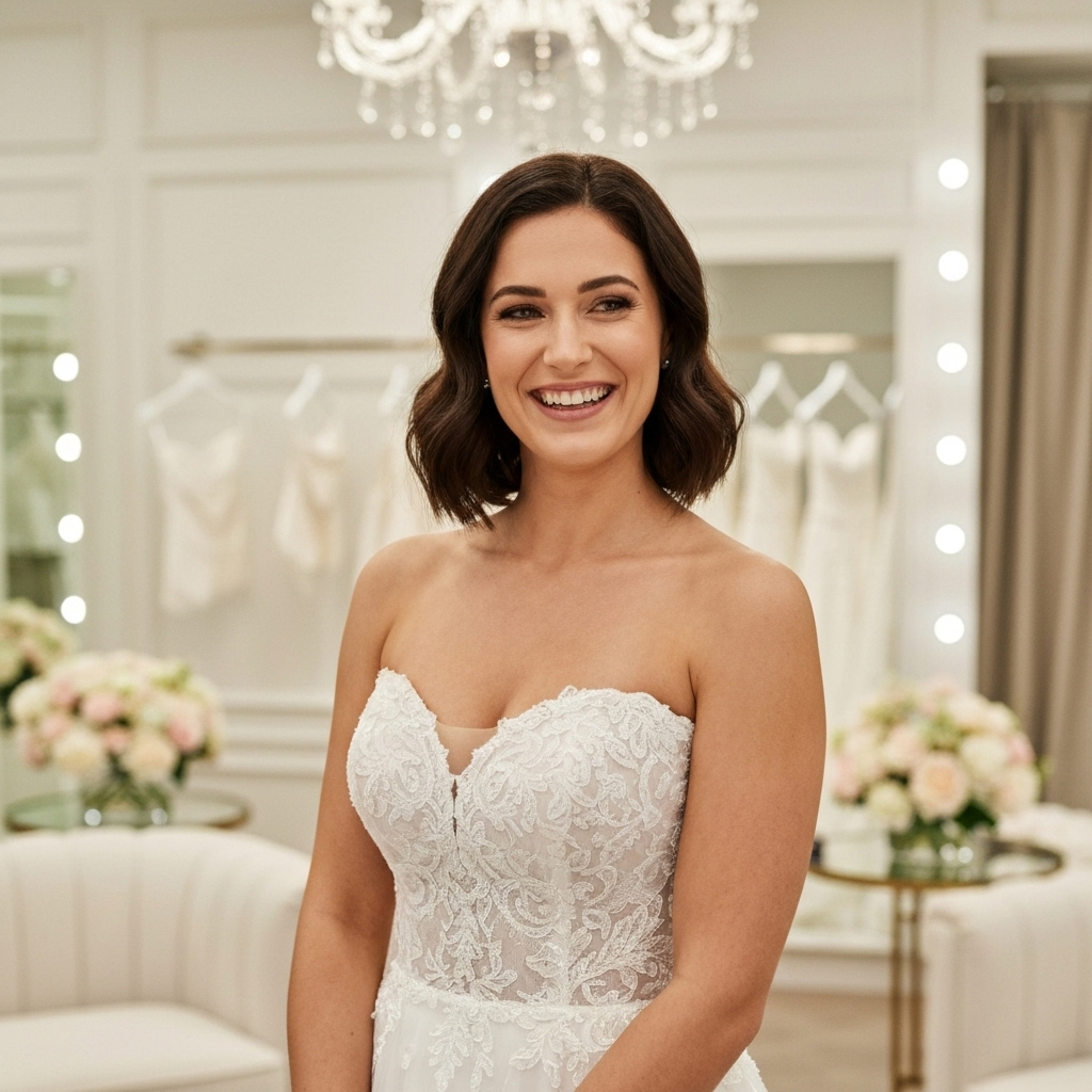 Woman in a white wedding dress smiles in a bridal shop, surrounded by gowns and flowers. Woman in a white wedding dress smiles in a bridal shop, surrounded by gowns and flowers.