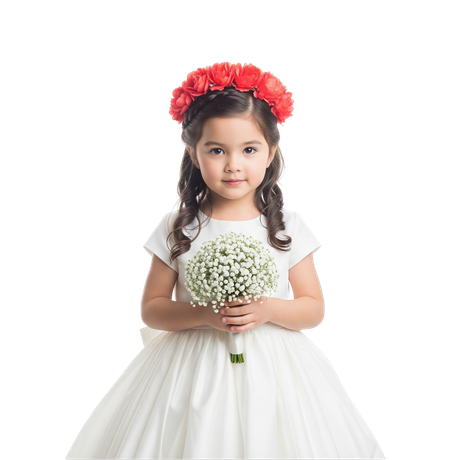 A little girl in a white dress is holding a bouquet of baby 's breath. A little girl in a white dress is holding a bouquet of baby 's breath.