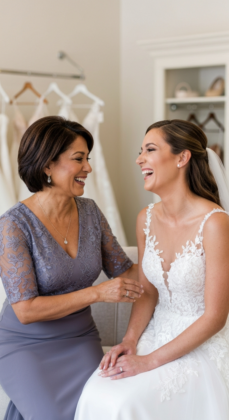 Bride and her mother laugh together; bride in white gown, mother in gray dress. Dresses hang in background.