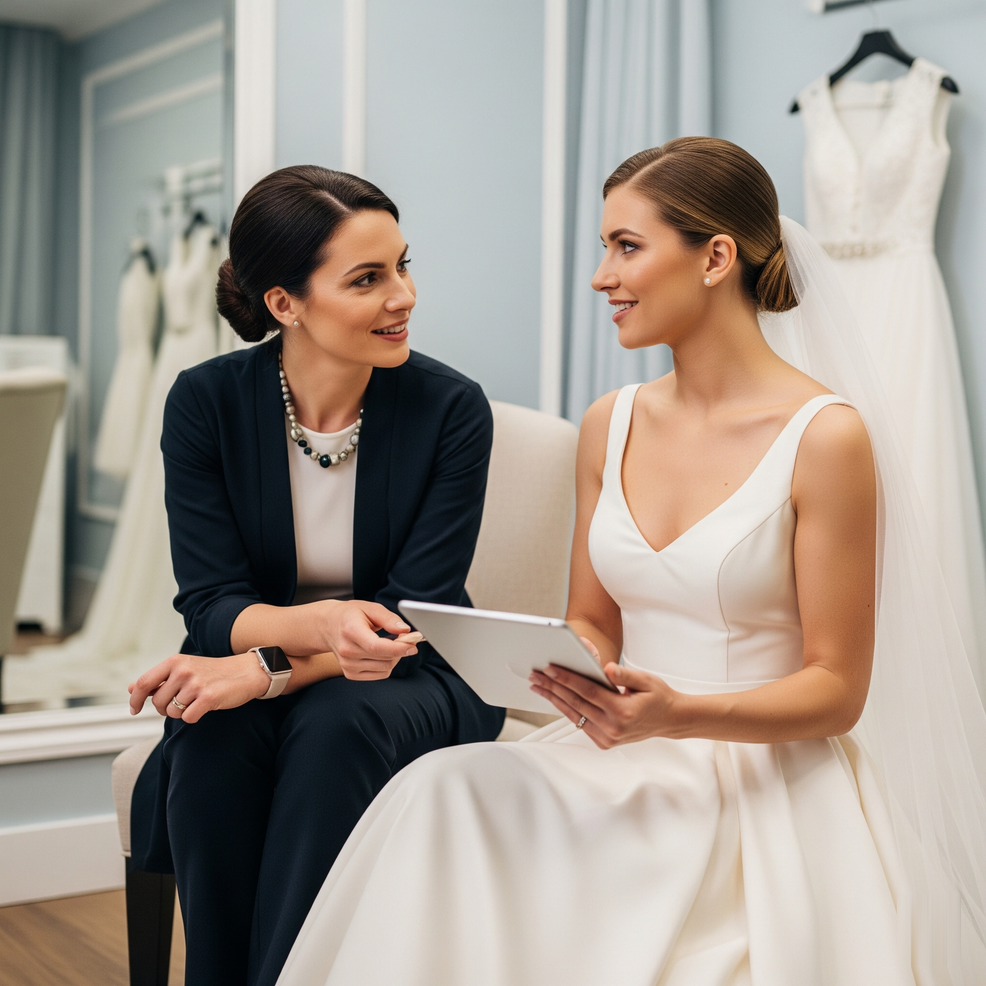 A woman in a wedding dress is sitting next to another woman holding a tablet. A woman in a wedding dress is sitting next to another woman holding a tablet.