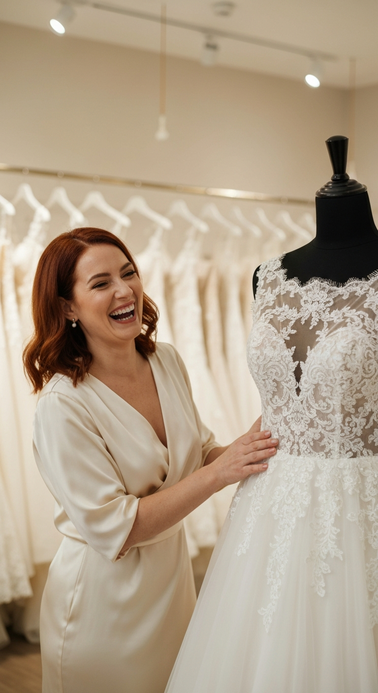 Woman smiles while browsing wedding dresses in a bridal shop.