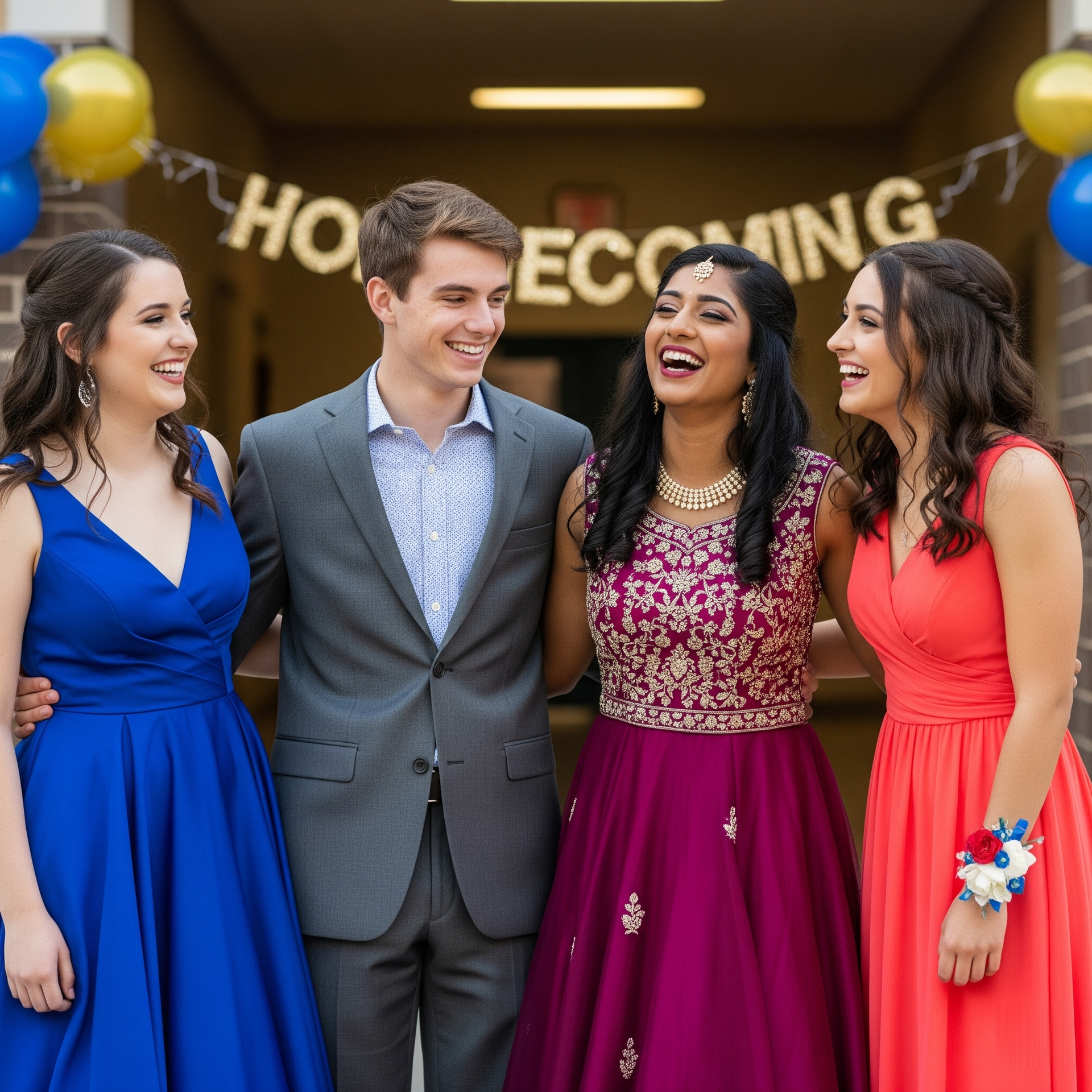 A group of people standing in front of a banner that says homecoming A group of people standing in front of a banner that says homecoming