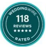 A blue circle with the words `` wedding wire 118 reviews rated '' on it.