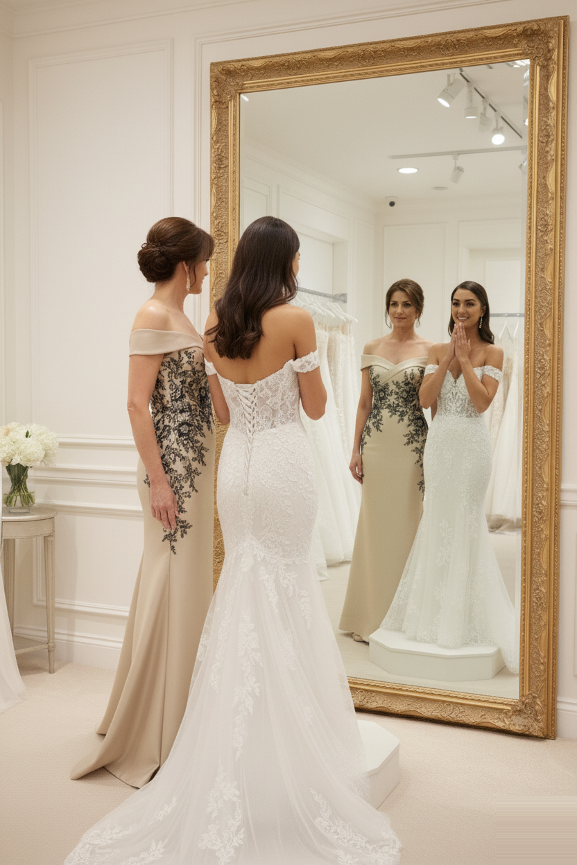 Woman in wedding dress looks in mirror; bridesmaid admires, salon setting.