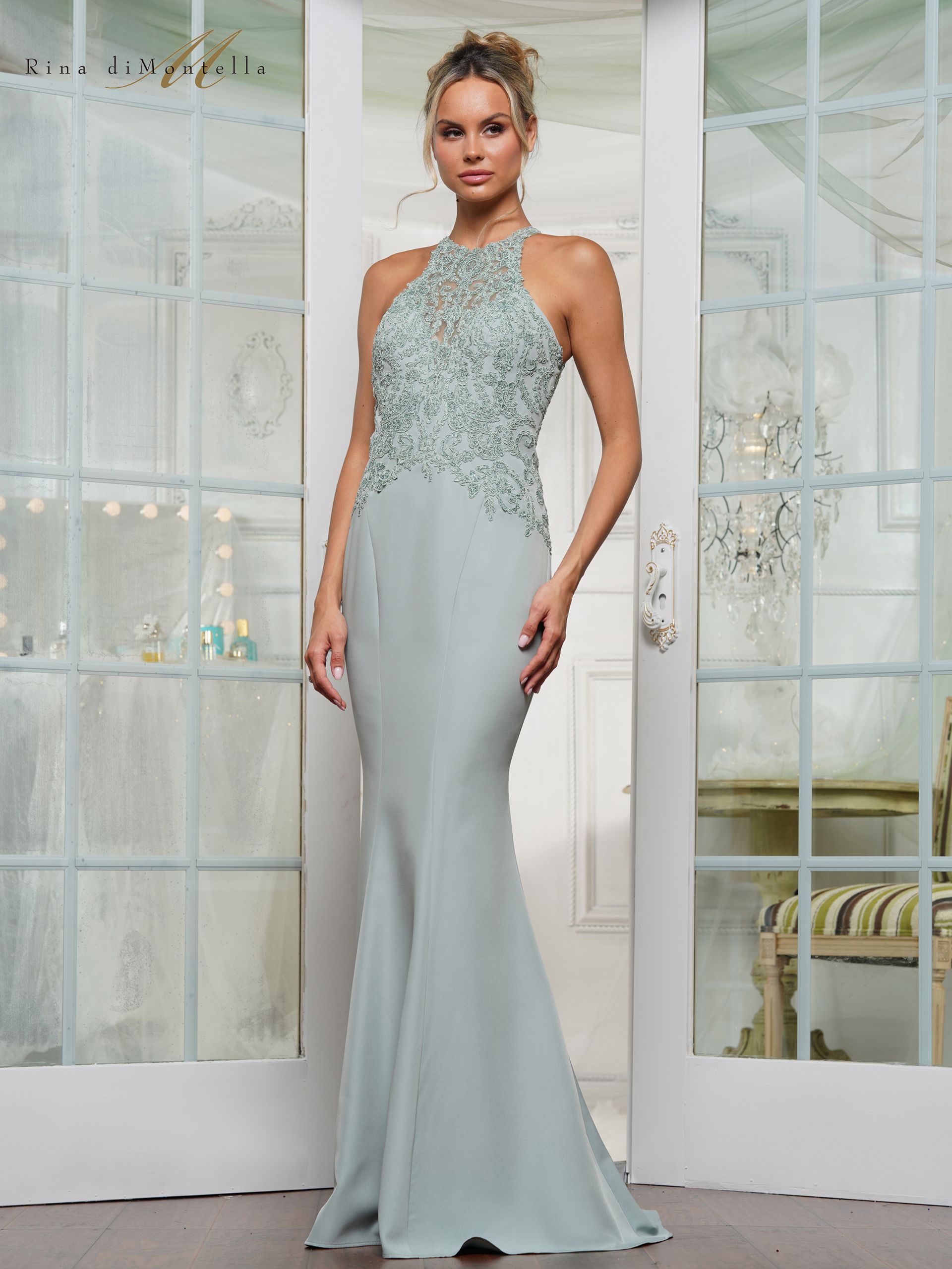A woman in a long dress is standing in front of a glass door.
