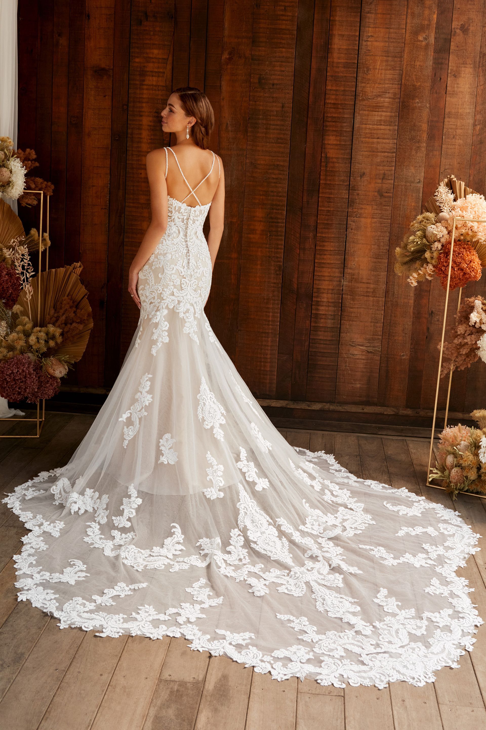 The back of a wedding dress with a long train is shown.