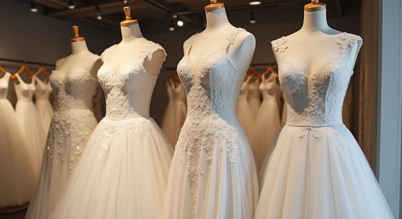 Wedding dresses on mannequins in a bridal shop; white lace and tulle gowns displayed. Wedding dresses on mannequins in a bridal shop; white lace and tulle gowns displayed.