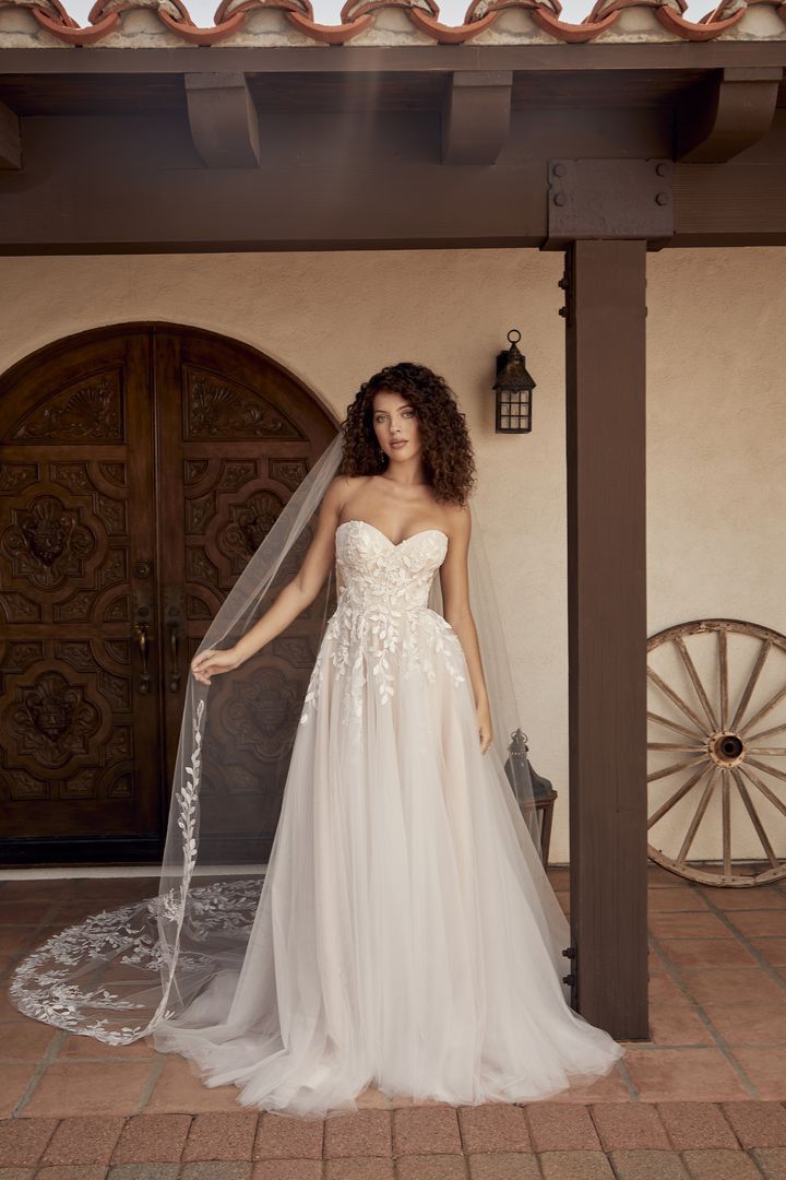 A woman in a wedding dress and veil is standing in front of a building.