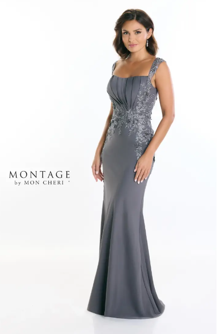 A woman is wearing a grey dress by montage