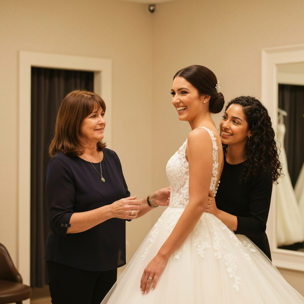Woman trying on wedding dress, smiling, with two women assisting in a bridal shop.