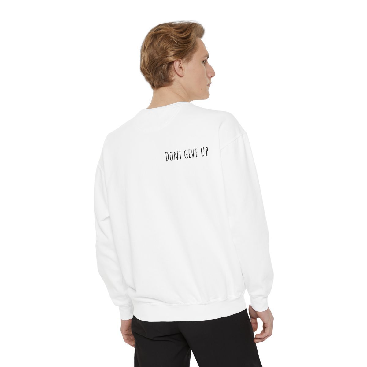 The back of a man wearing a white sweatshirt