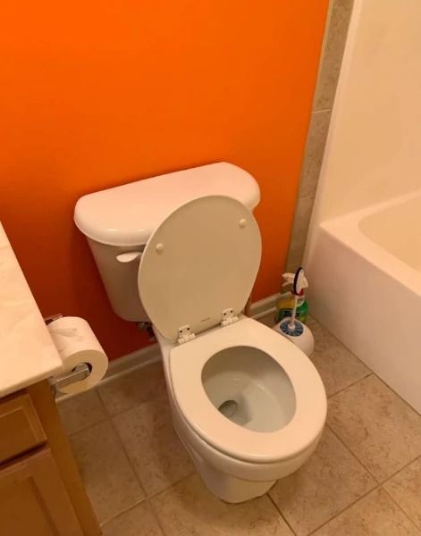Toilet with open lid in bathroom with orange wall and toilet paper roll.