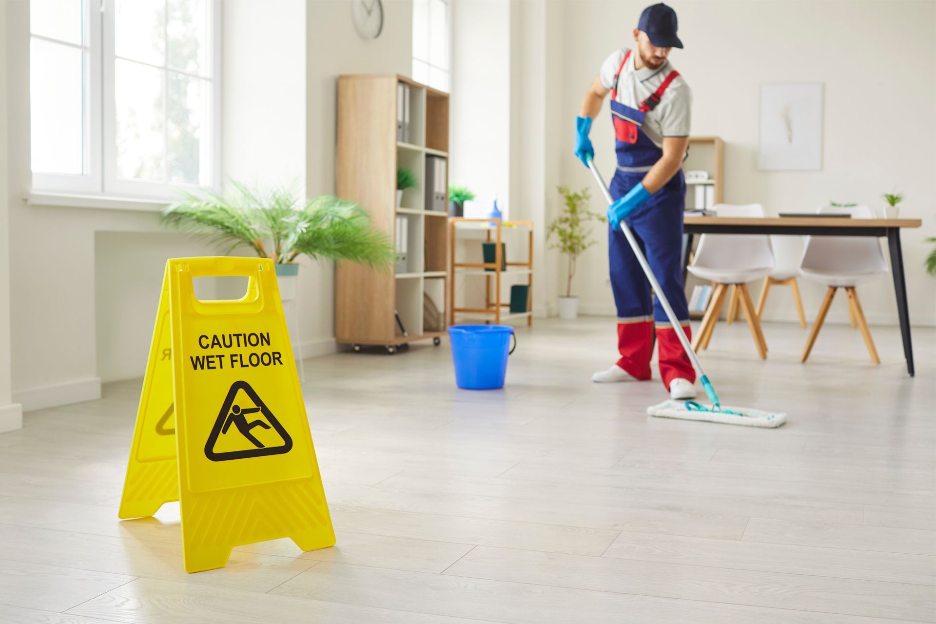 A person mopping a floor in an office. A caution wet floor sign is in the foreground.