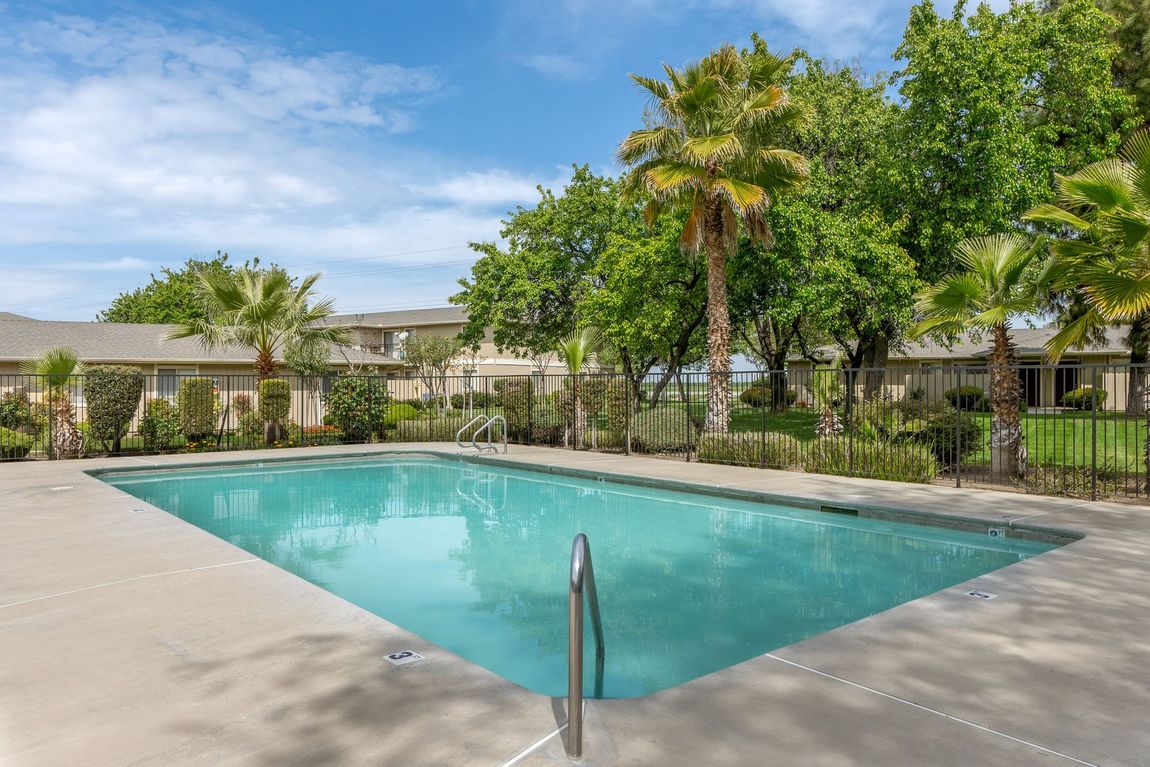 Pool with clear water, surrounded by concrete and trees, with apartment buildings in the background on a sunny day.