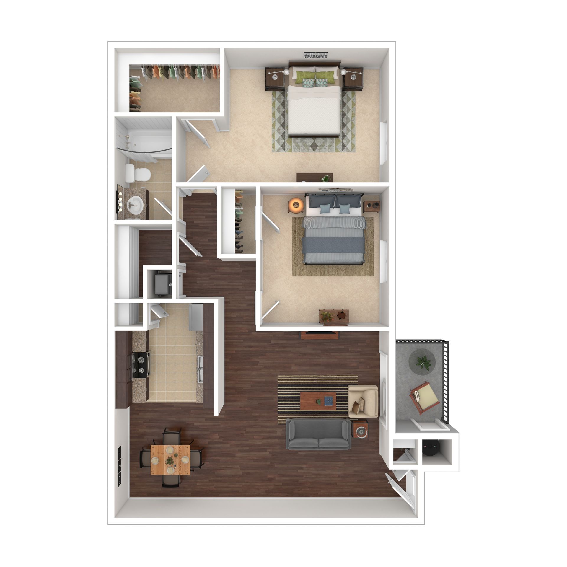 Floor plan of a two-bedroom apartment with living room, kitchen, and balcony.
