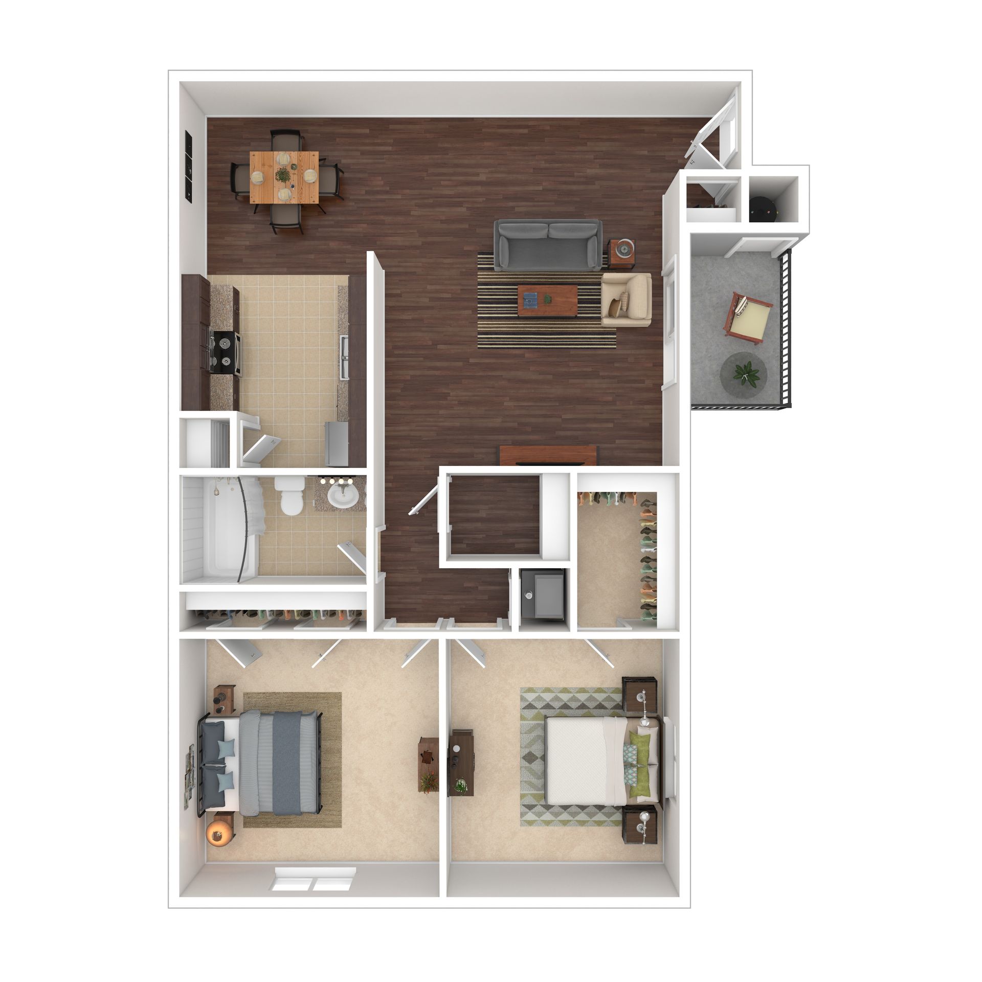 Floor plan of a two-bedroom apartment with living area, kitchen, balcony, and furniture layout.