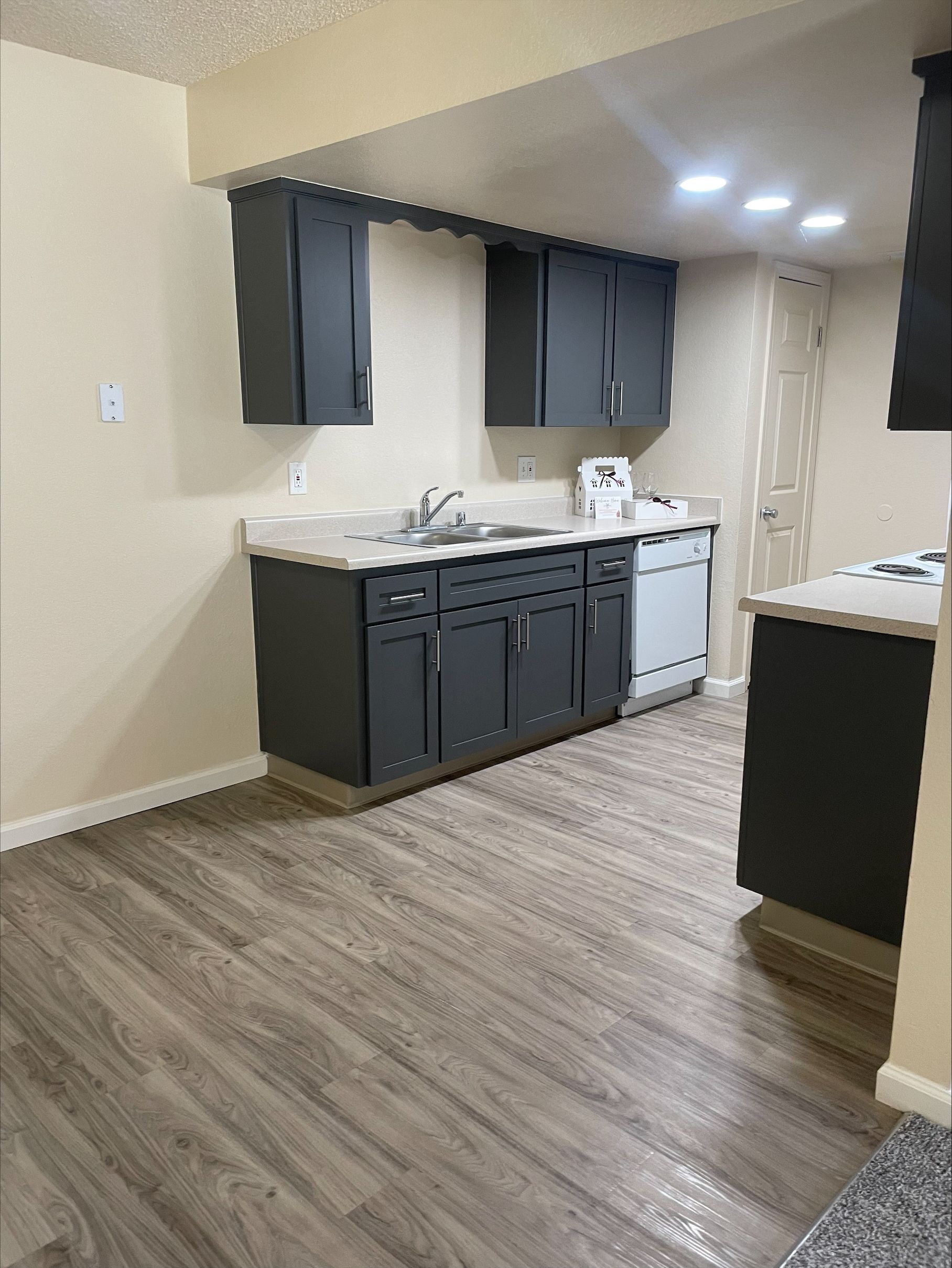 A kitchen with dark gray cabinets, white countertops, and gray wood flooring.