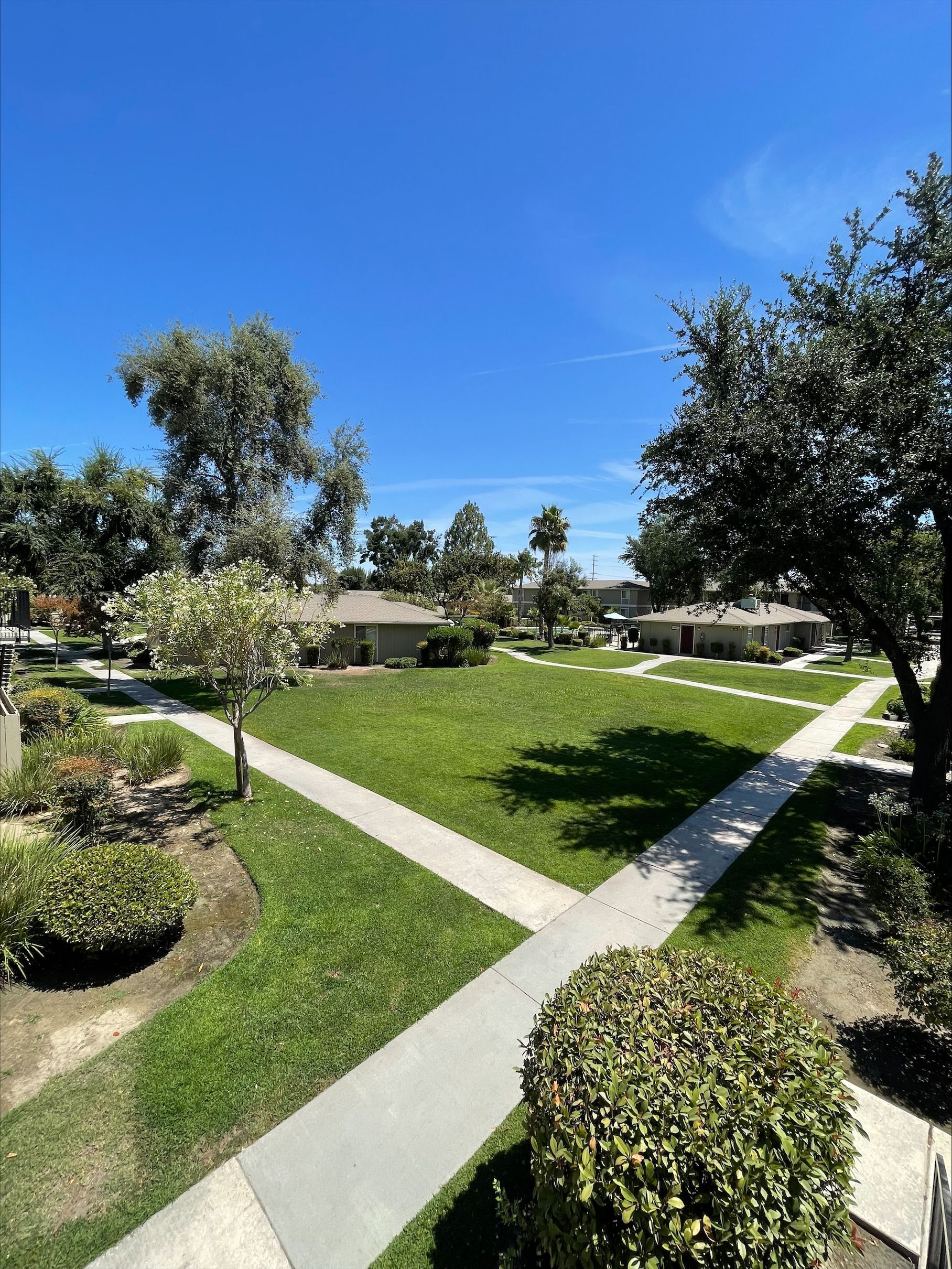 Lawn and sidewalk leading through an apartment complex courtyard on a sunny day.