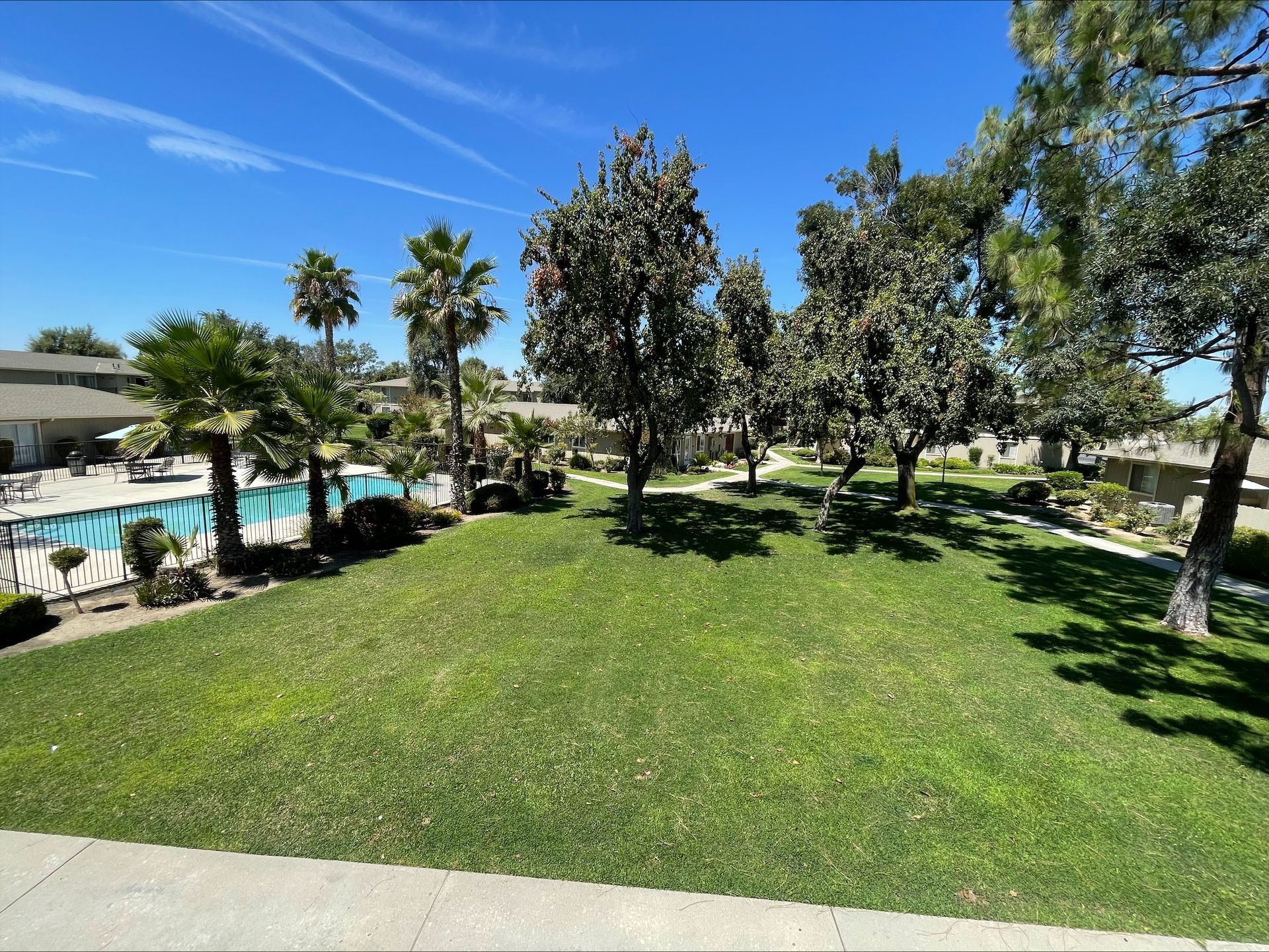 Grassy area with trees, pool, and buildings under a blue sky.