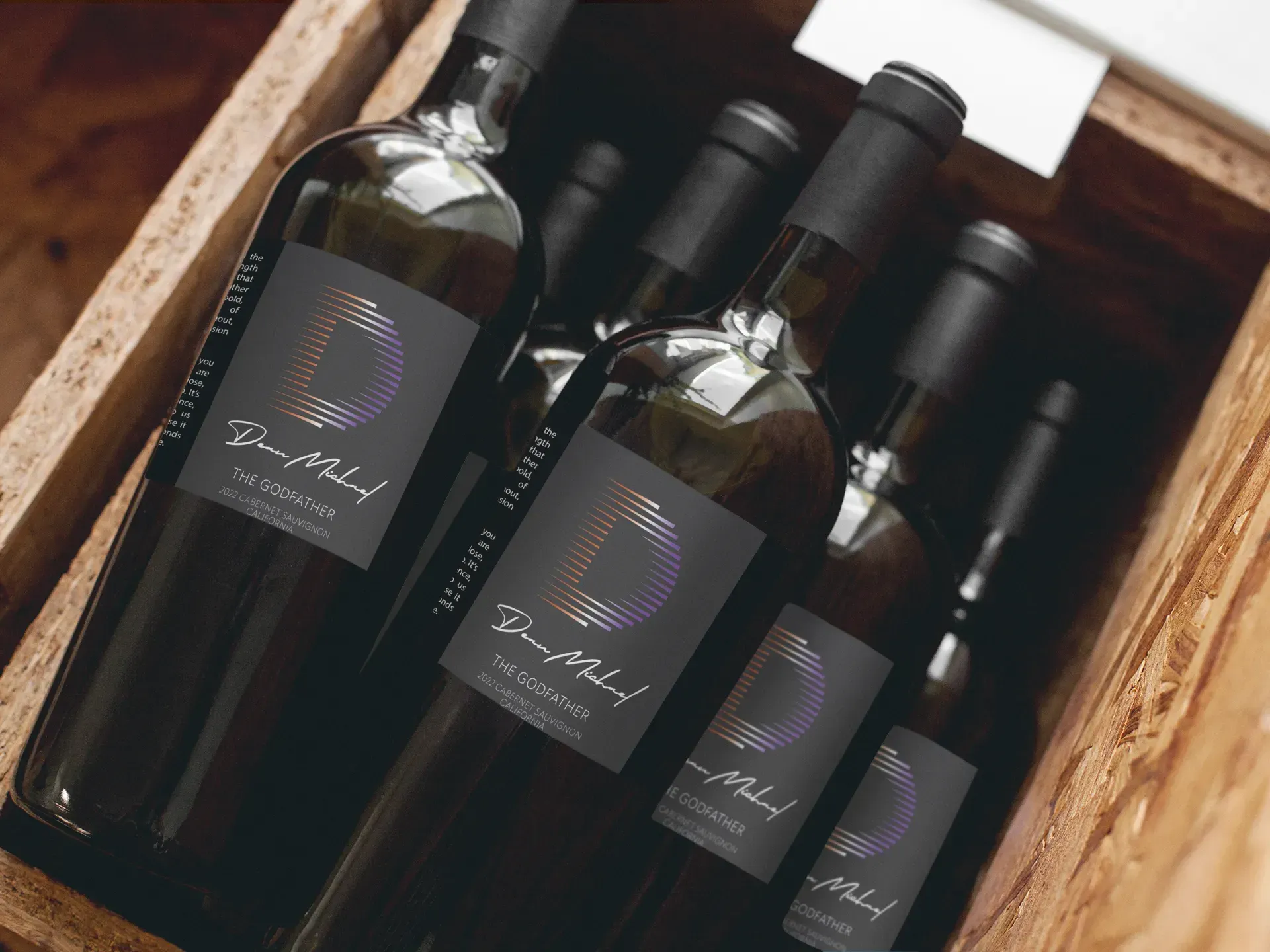 Wine bottles in wooden crate, dark labels with 