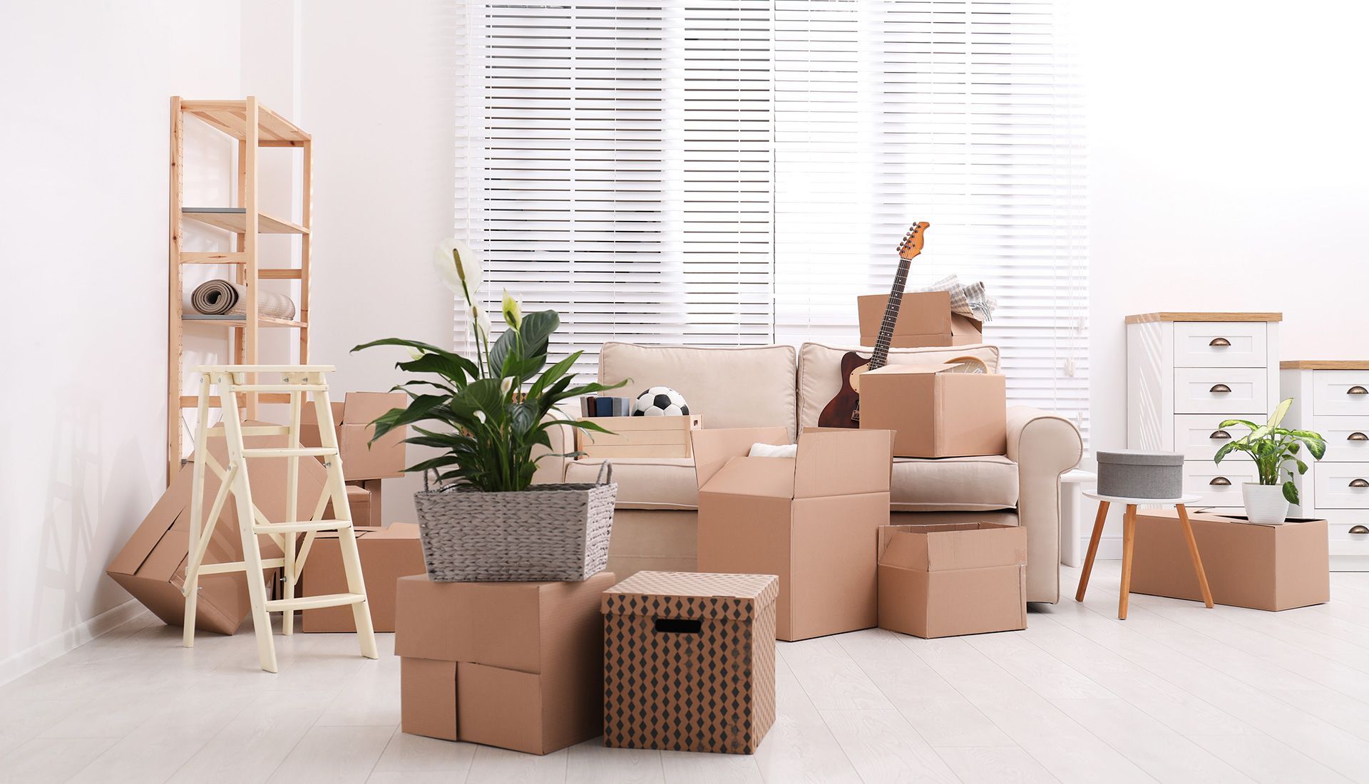 Room with moving boxes, furniture, and a plant near a window with blinds.