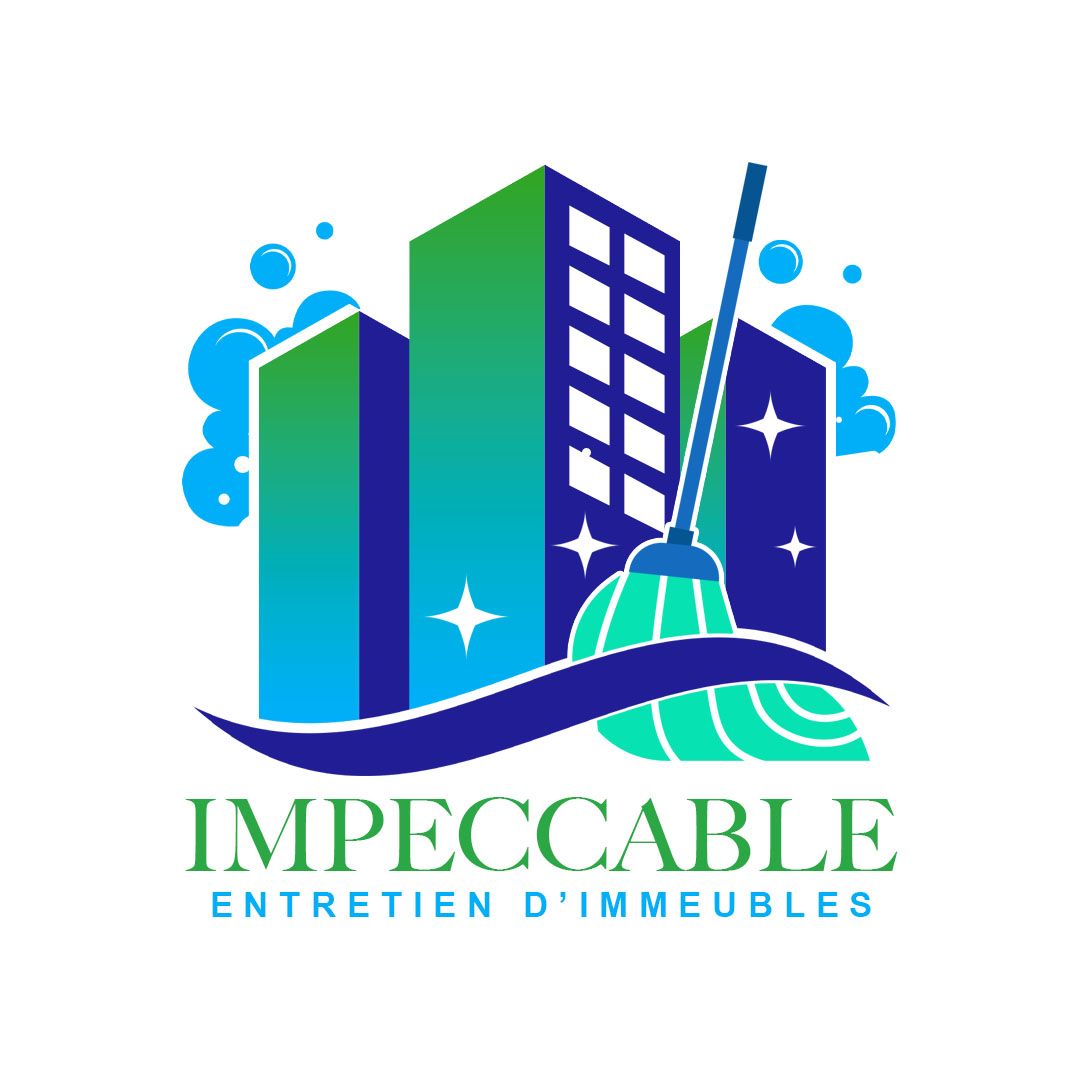 Un logo pour un entretien impeccable d'immeubles avec des bâtiments et une serpillière
