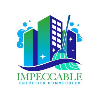 Un logo pour un entretien impeccable d'immeubles avec des bâtiments et une serpillière