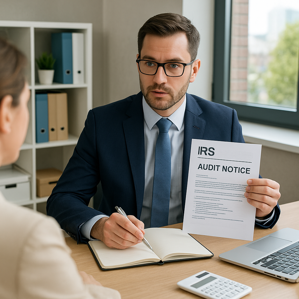 A man in a suit and tie is holding a paper that says audit notice.