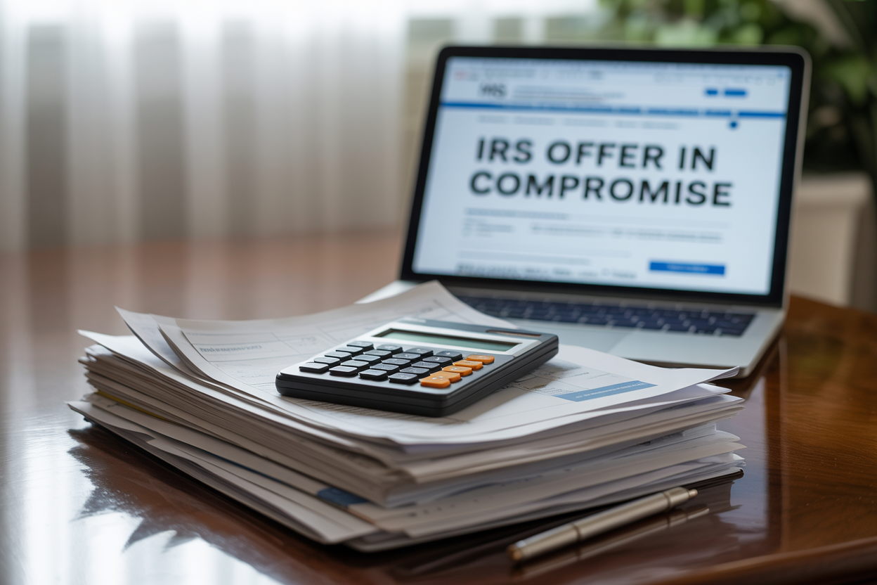 A laptop computer is open to a page that says irs offer in compromise