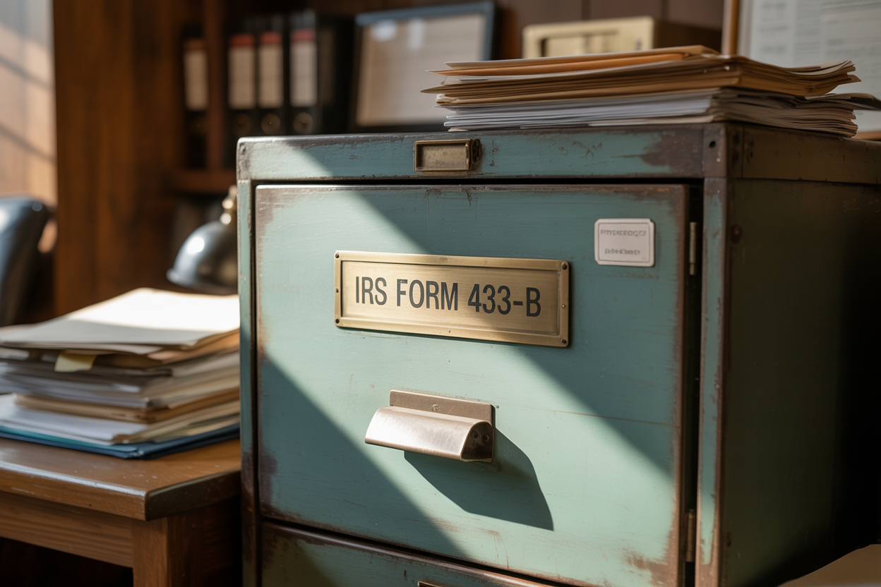 A filing cabinet with a stack of papers on top of it.