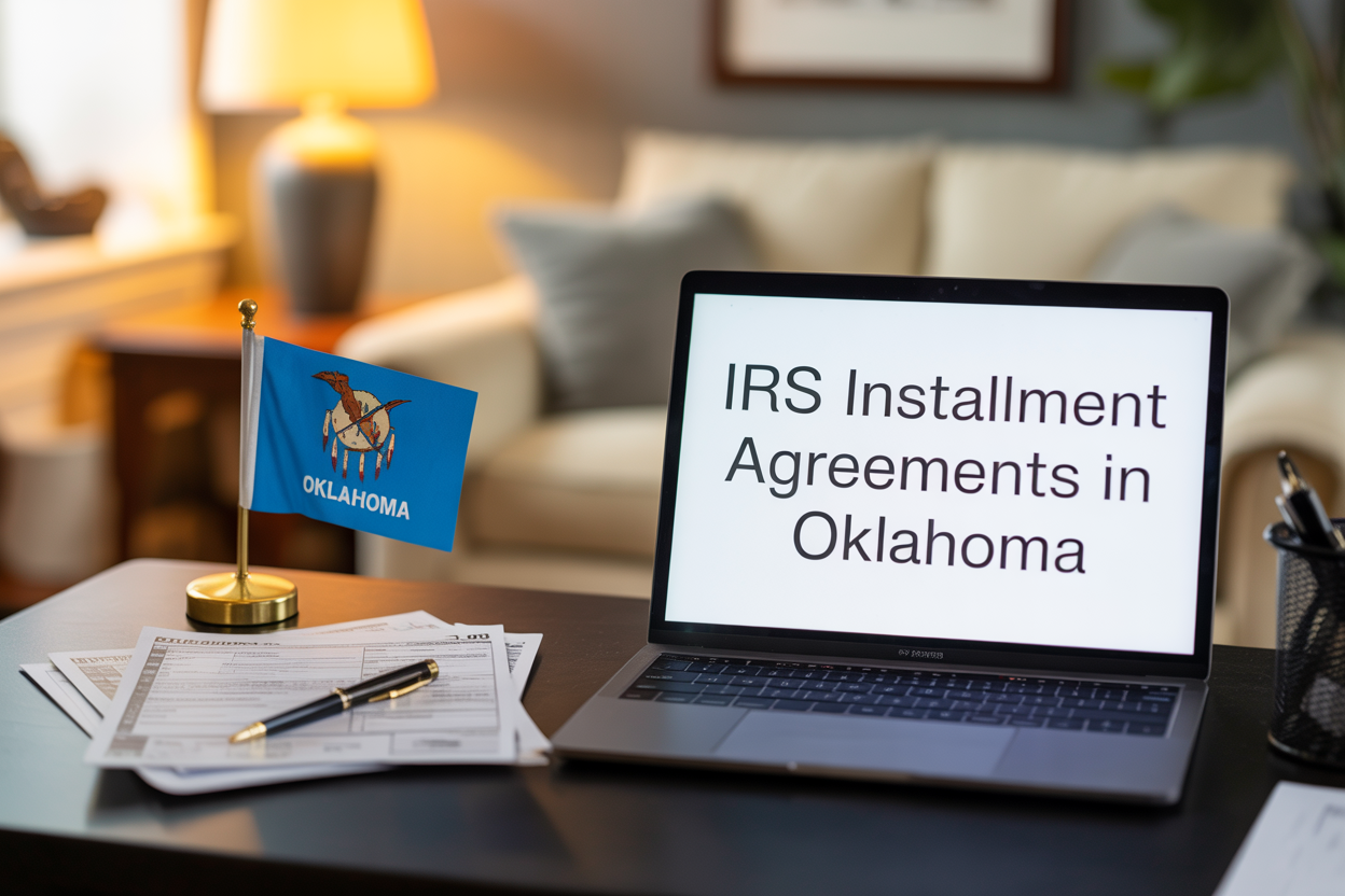 A laptop computer is open to a screen that says `` irs establishment agreements in oklahoma ''.