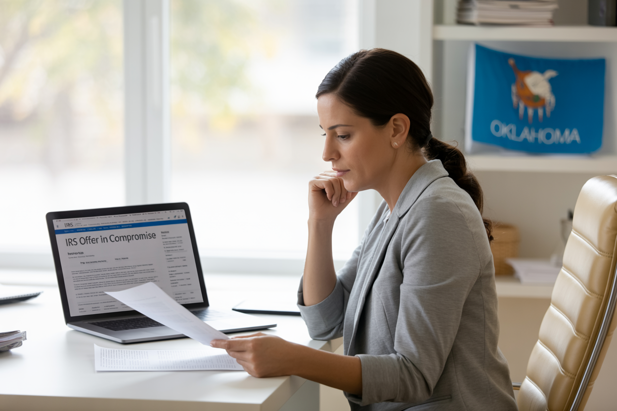 A woman is sitting at a desk with a laptop and a piece of paper.