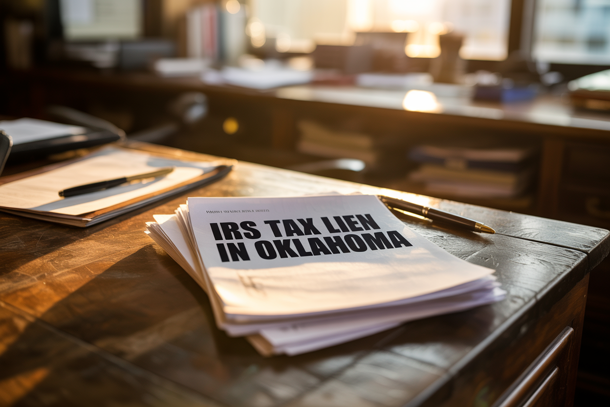 A stack of papers on a desk that says `` irs tax lien in oklahoma ''.