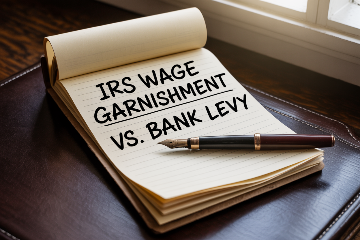 A notepad with the words irs wage garnishment vs bank levy written on it