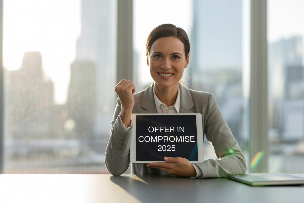 A woman is holding a sign that says `` offer in compromise 2025 ''.