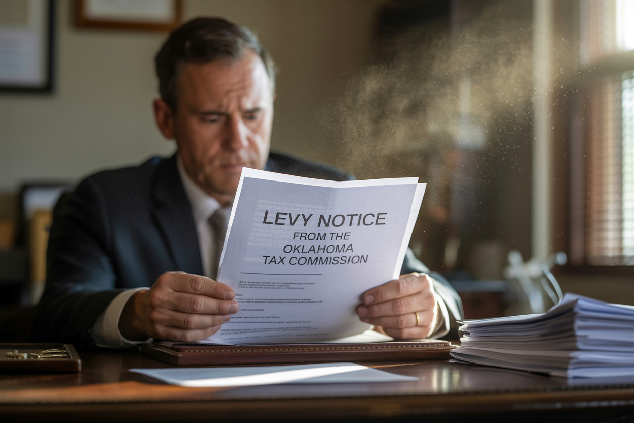 A man is sitting at a desk reading a levy notice.