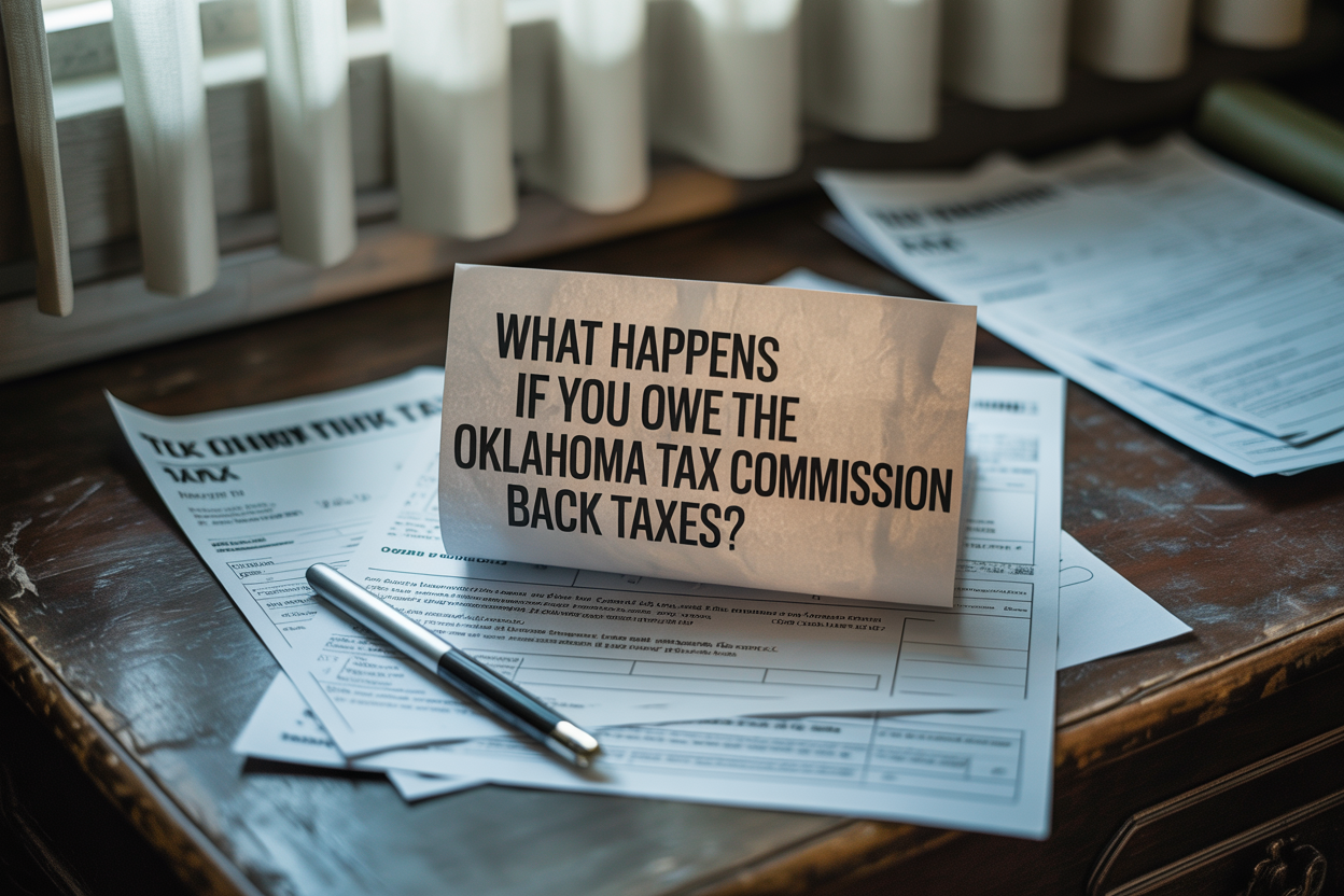 A sign on a table asking what happens if you owe the oklahoma tax commission back taxes.