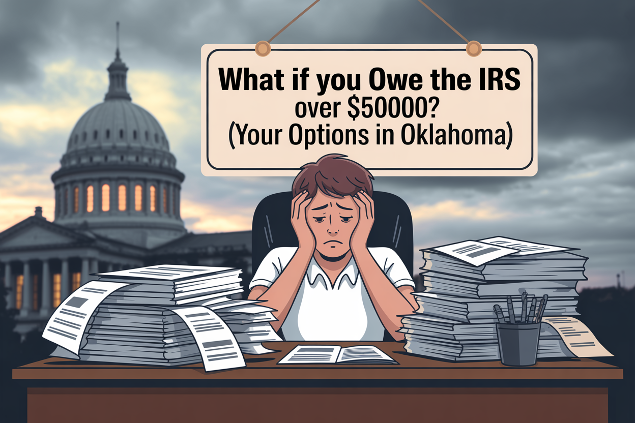 A man is sitting at a desk with a sign that says `` what if you owe the irs over $ 50,000 ? ''