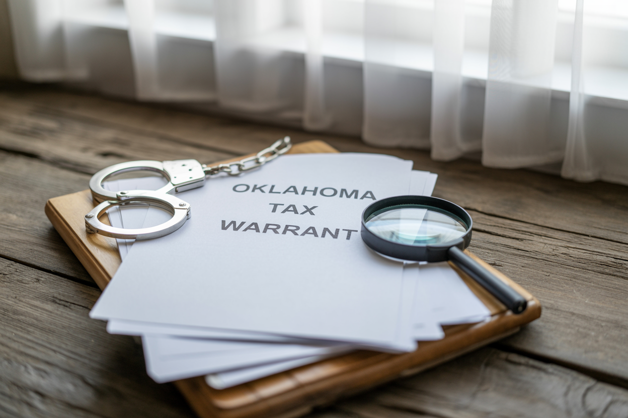 A stack of oklahoma tax warrants with handcuffs and a magnifying glass on a wooden cutting board.