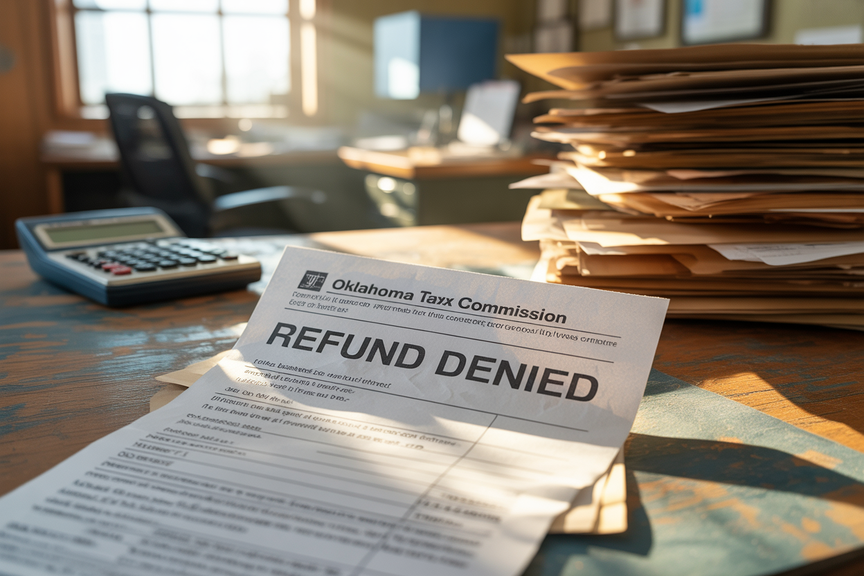 A refund denied letter is sitting on a desk next to a pile of papers.