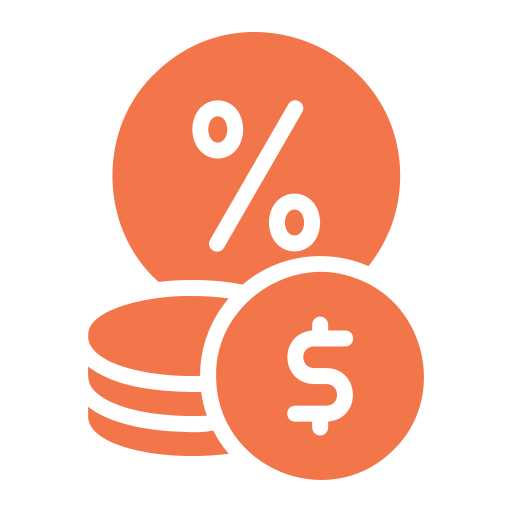 A stack of coins with percentages and a dollar sign on them.