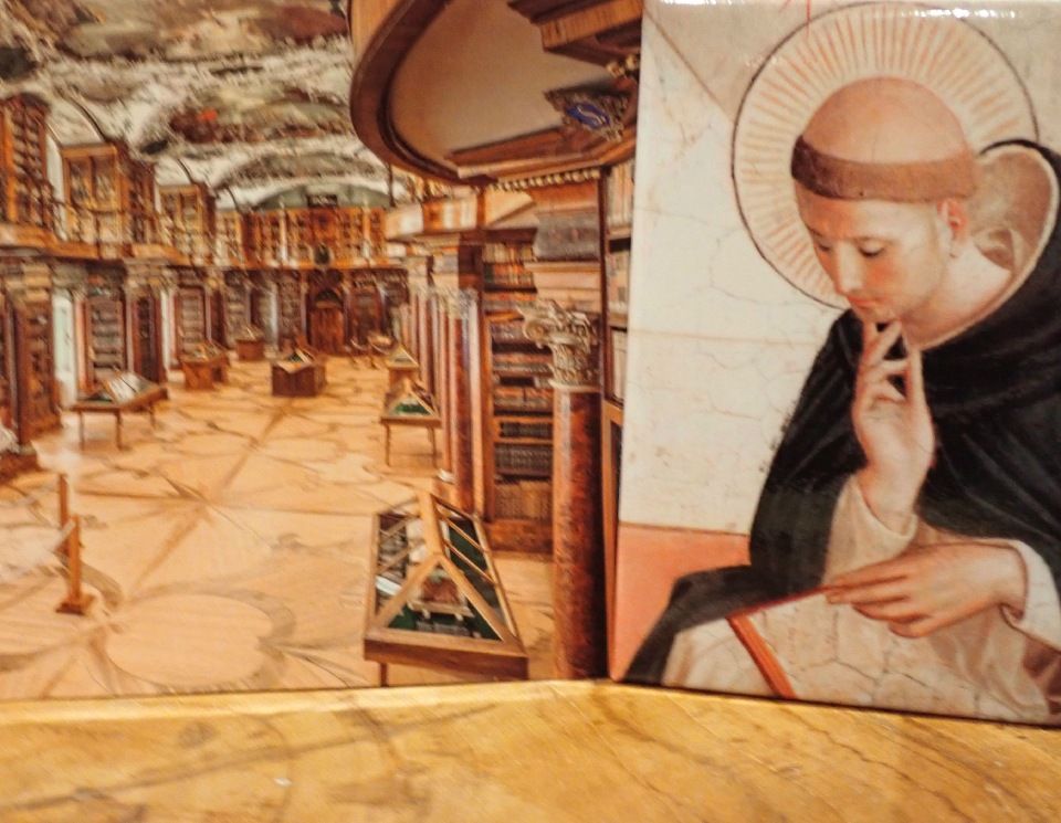 A painting of a man reading a book next to a picture of a library