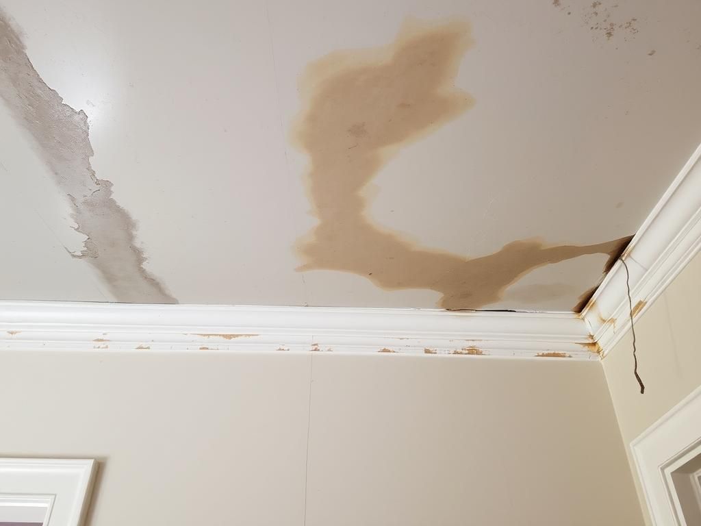 Water-damaged ceiling with brown stains and peeling paint, corner of a room.