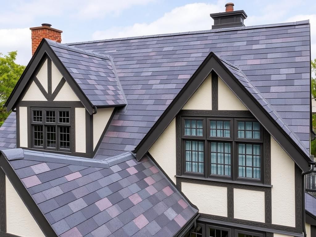 Tudor-style home with multi-colored slate roof in Princeton, New Jersey