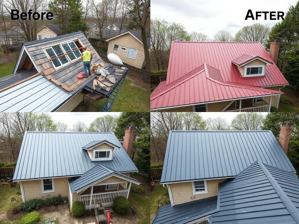 Comparison of a roof before and after. Top left shows roof removal, other views show the new metal roof in red and blue.