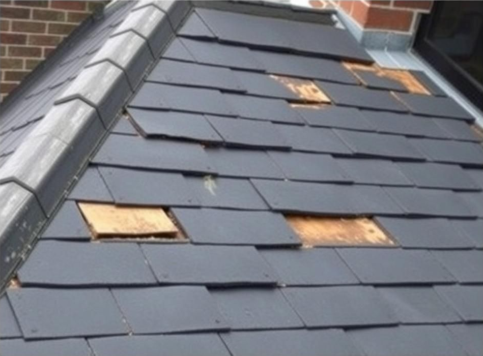 Damaged slate roof with several missing tiles exposing the wooden underlayment.
