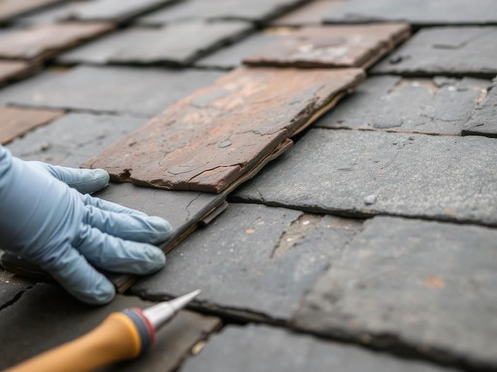Person in blue gloves replacing a slate roof tile with a tool in hand.